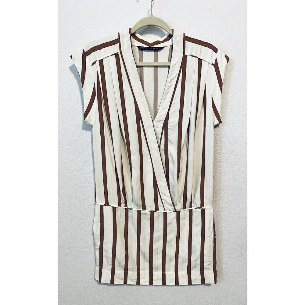 Zara Dress Womens Medium Red White Striped Mini Faux Wrap Pleated Pockets Boho - Picture 2 of 7